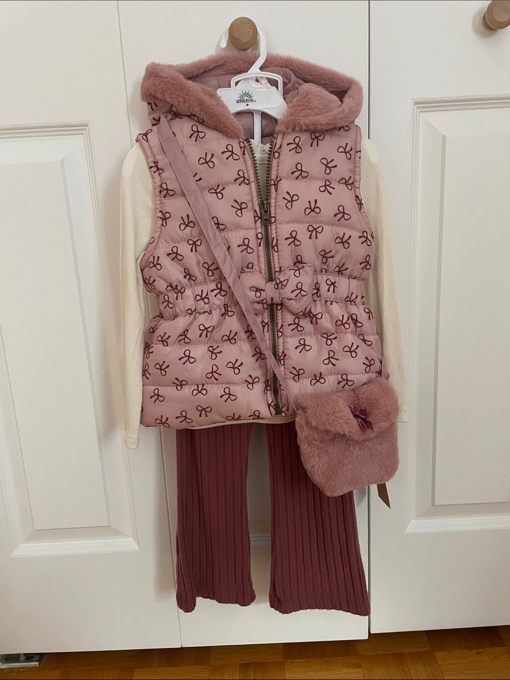 Girls Pink Bow Print Puffer Vest Outfit (4 pieces)